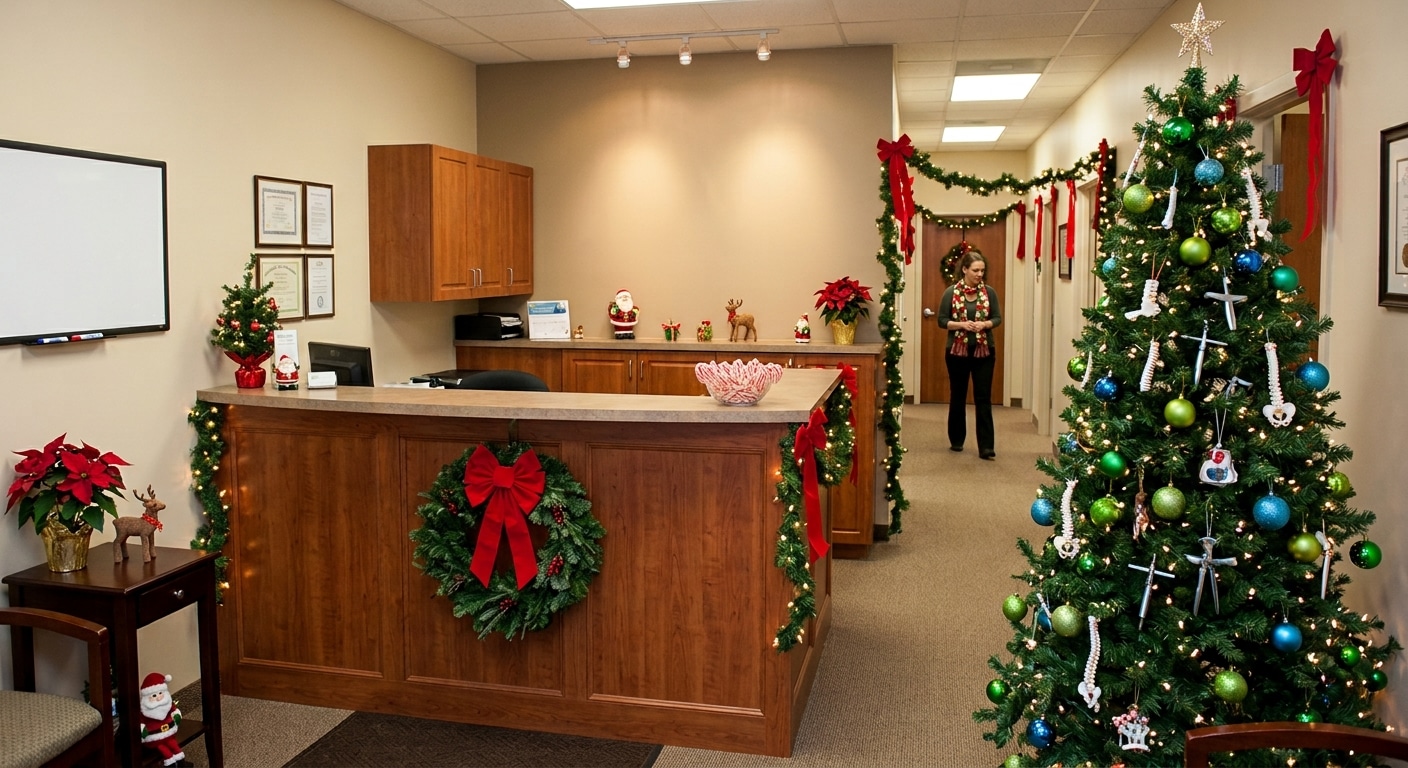 A chiropractic office decorated for the holidays