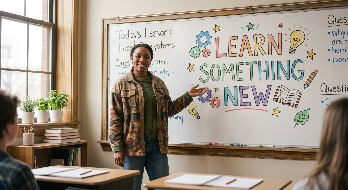 Photo of a teacher in front of a board that says Learn Something New