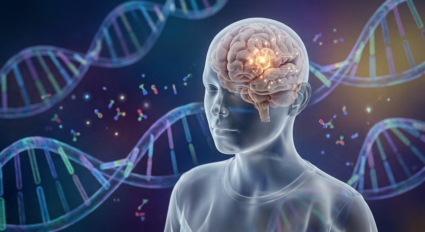 Photo of a see through person showing the brain lit up with DNA strands in the background