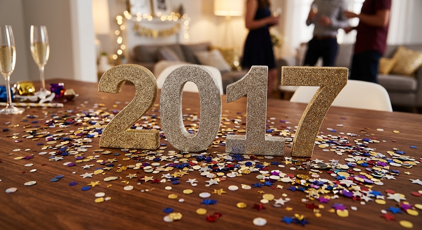 The year 2017 on a table surrounded by confetti