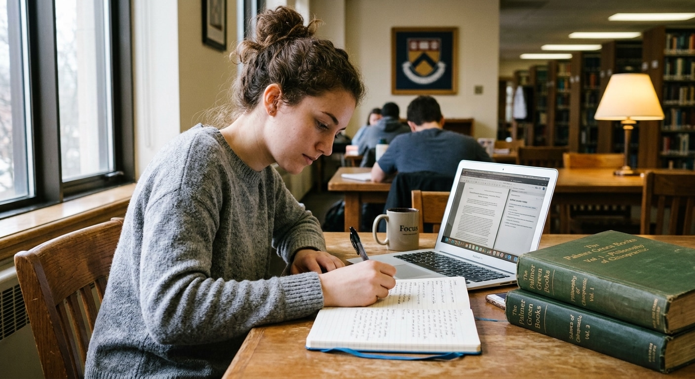 Student studying on their laptop with chiropractic greenbooks and a notebook
