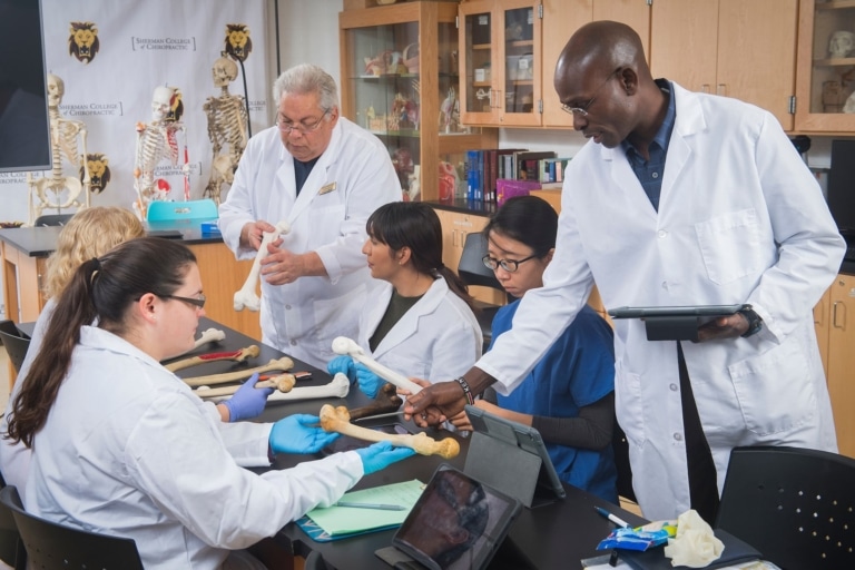 Students and Faculty studying bones