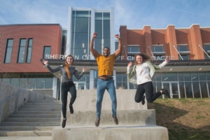 students jumping