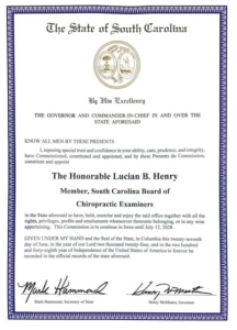 The official decree appointing Dr. Luke Harvey to the SC Board of Chiropractic examiners