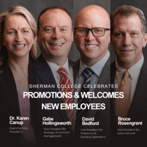 Collage of Sherman College of Chiropractic's newest executive team members, featuring professional headshots of newly hired and recently promoted leaders.