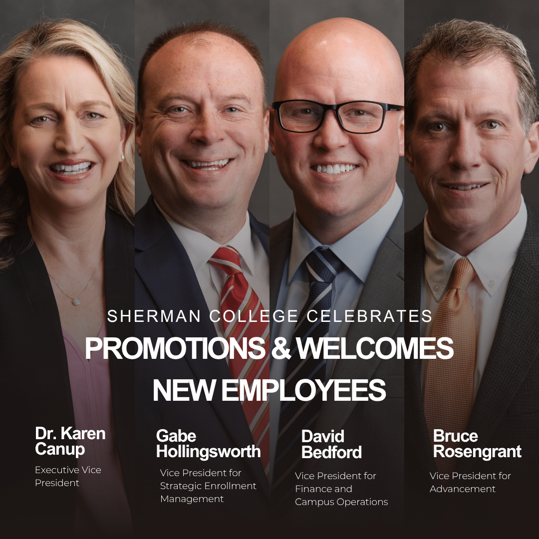 Collage of Sherman College of Chiropractic's newest executive team members, featuring professional headshots of newly hired and recently promoted leaders.