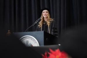 Sherman graduate Maggie Mehaffey speaking at the 2025 Winter Graduation ceremony